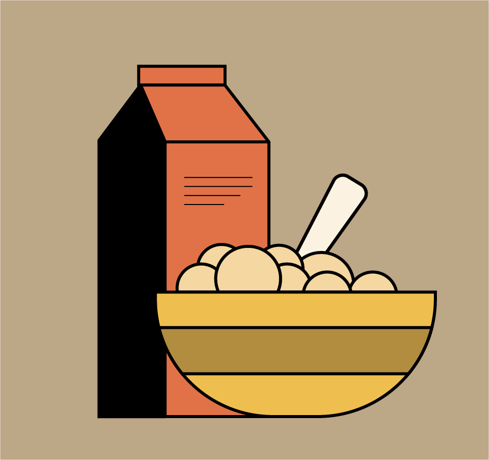Vector line art illustration of bowl of cereal with hemp milk in carton