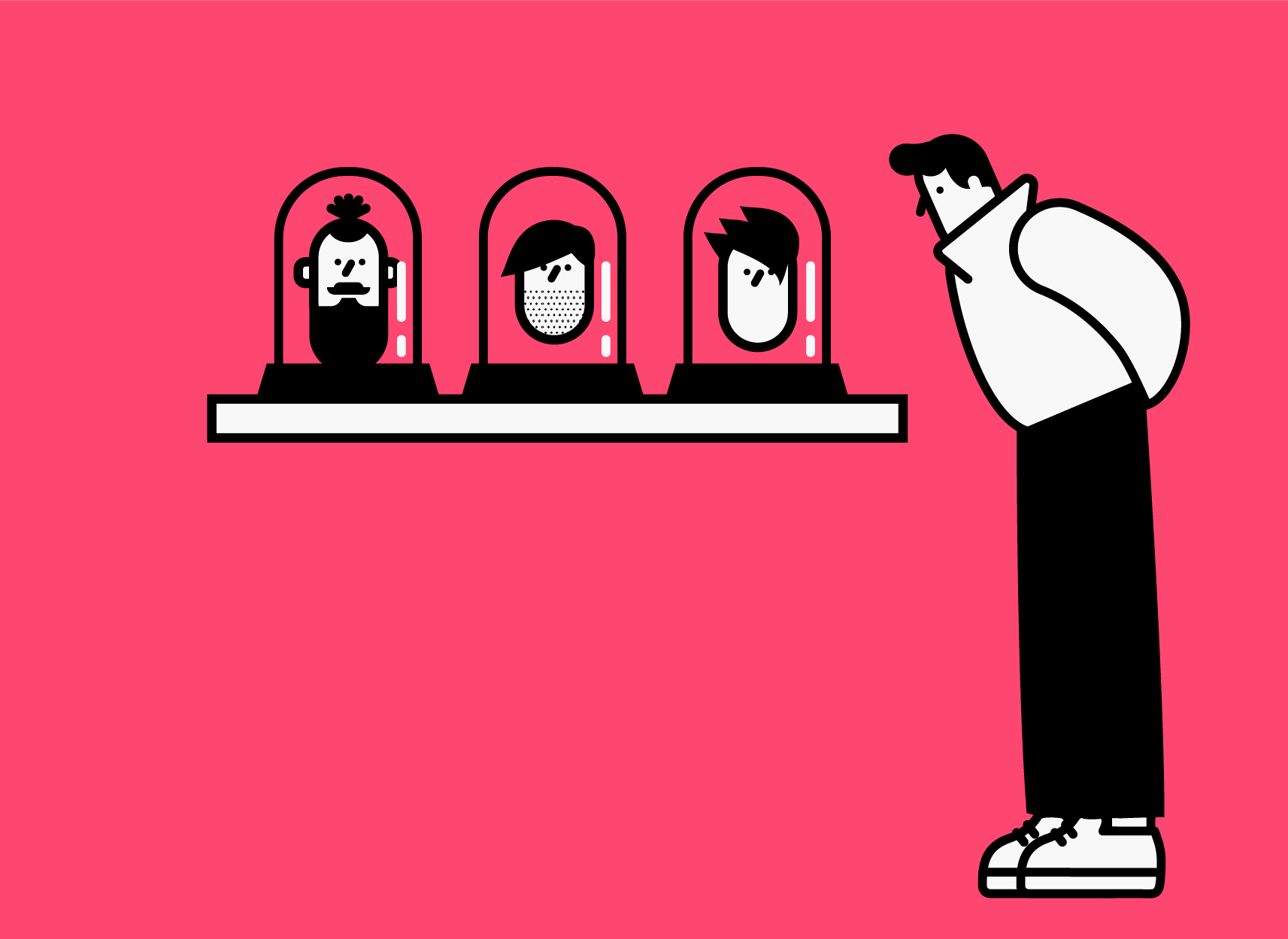 Illustration of a Man Choosing a Head in a Display Case with Heads Floating in Containers