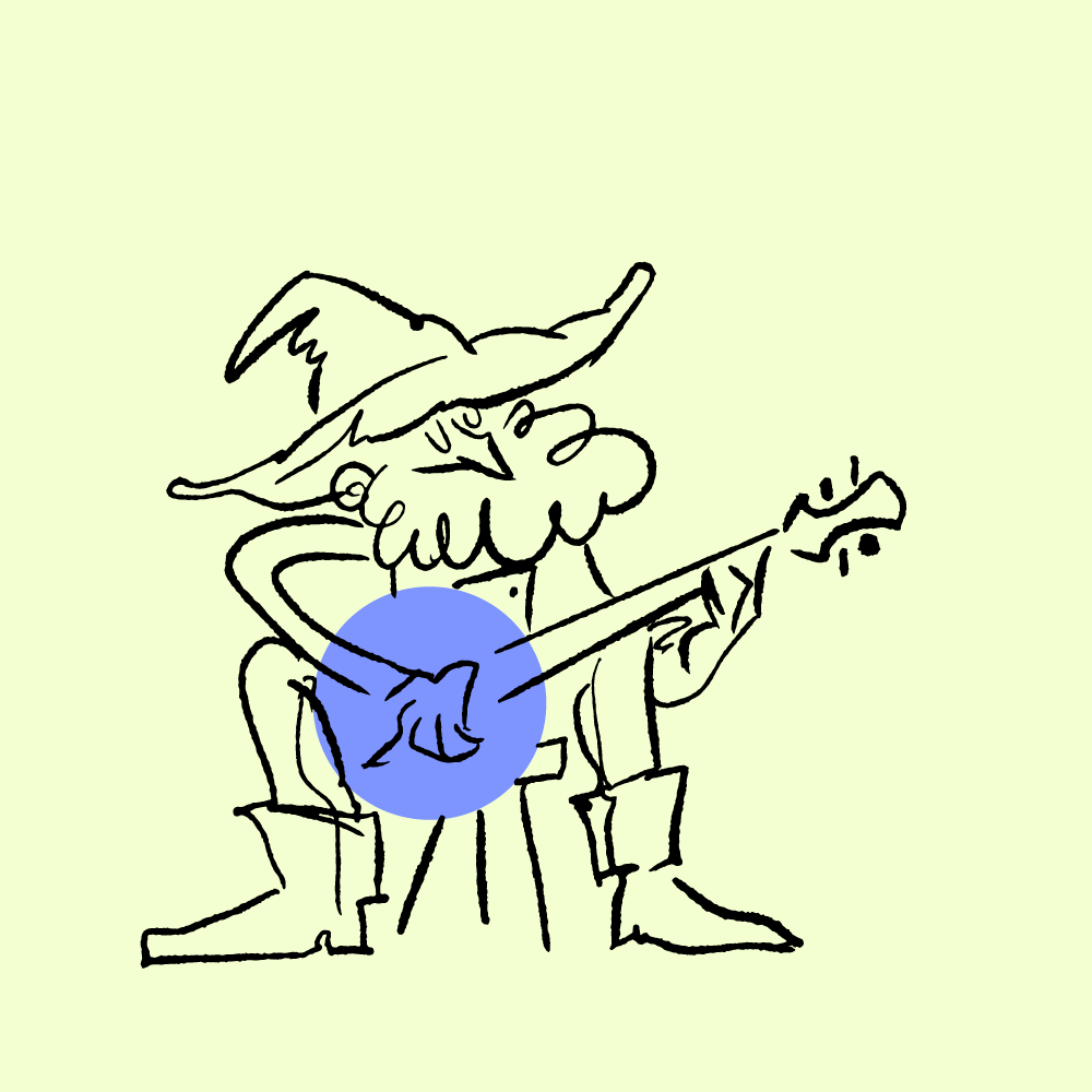 Hand-drawn vector drawing of a Elderly man with a beard playing a banjo.