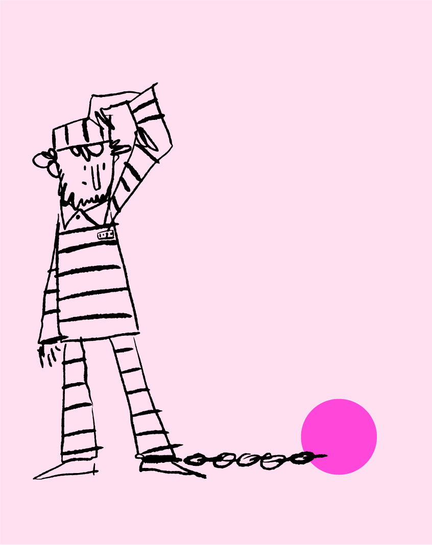Hand-drawn vector drawing of a a prisoner wearing a striped suit and is chained to an iron ball