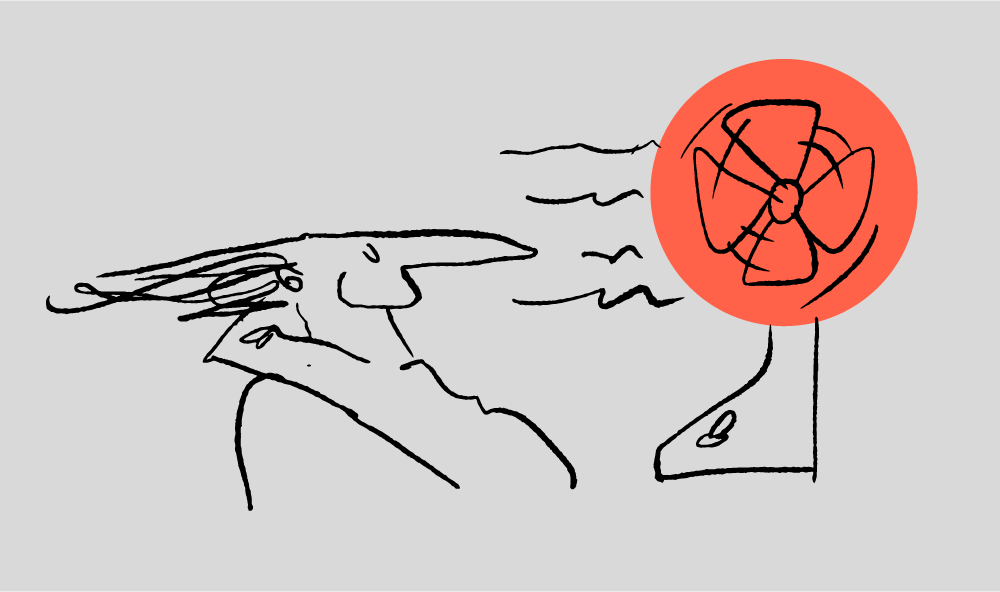 Hand-drawn vector drawing of a Man cooling off in front of fan